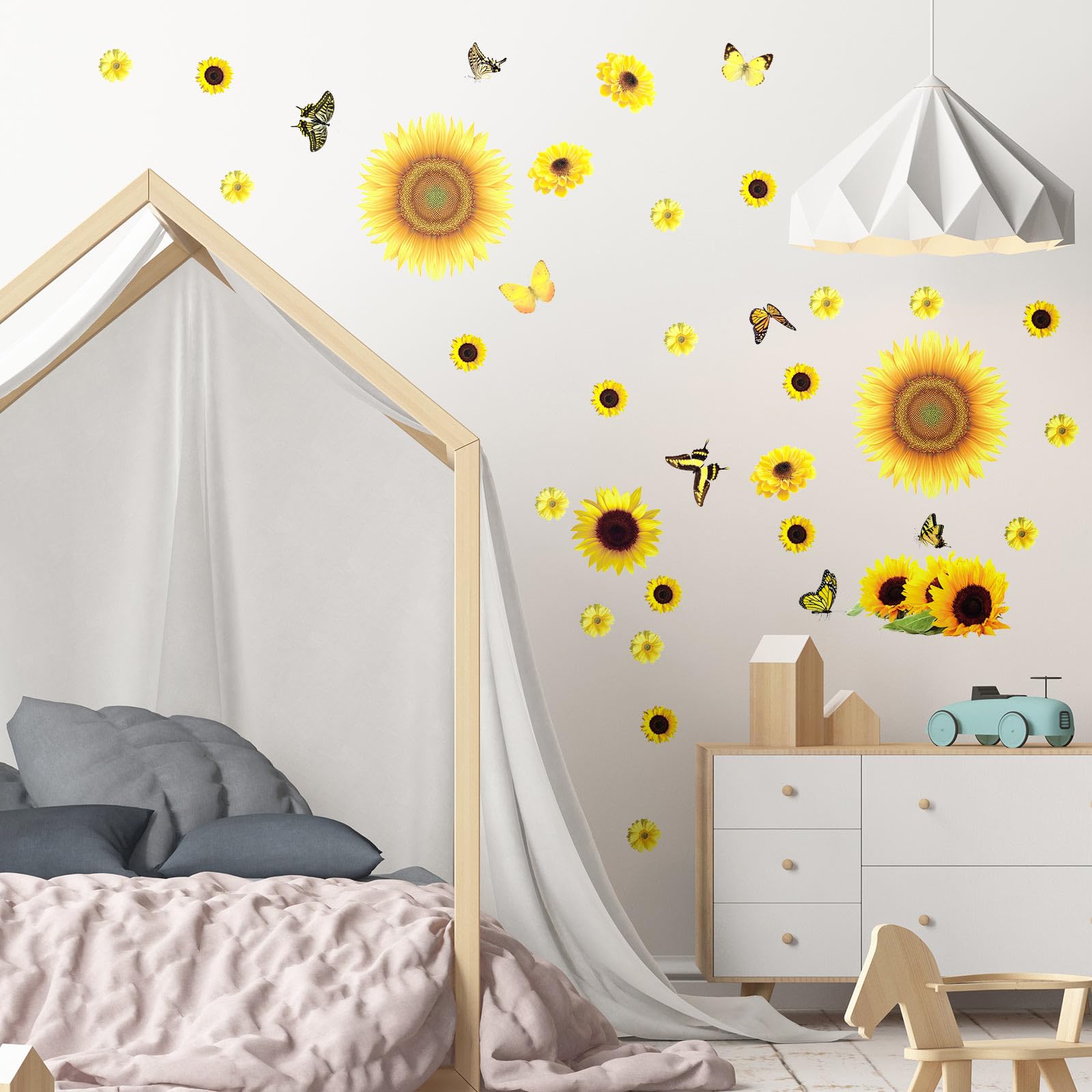 53 Pcs Sunflower Daisy Wall Decals Butterfly Wall Stickers, Waterproof Sunflower Decals, Sunflower Wall Decor, Flower Mural Stic
